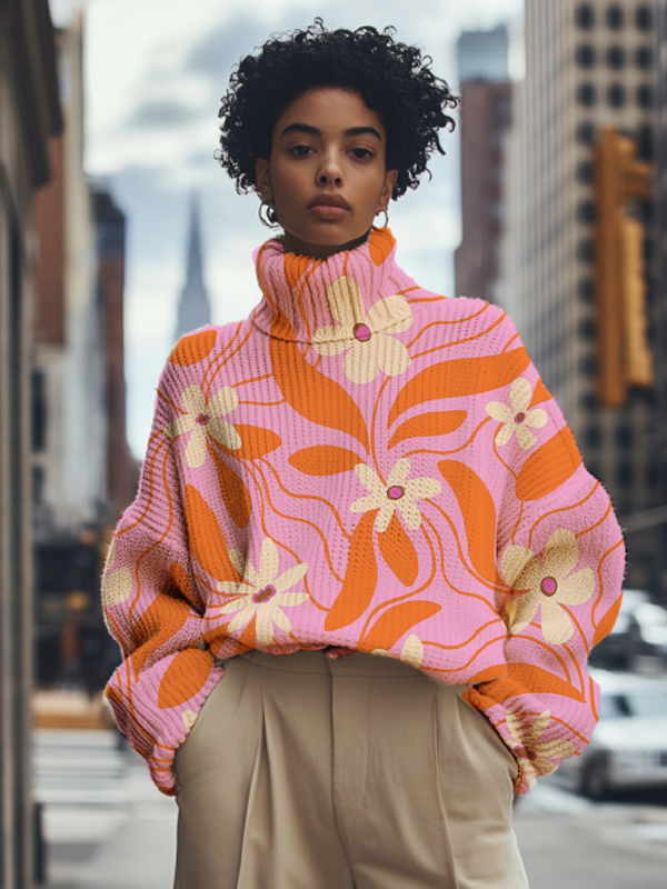 Women's Floral Plant All Over Print High Neck Knit Sweatshirt