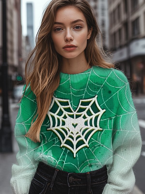 Women's Heart-Shaped Spider Web Art Print Knit Sweatshirt