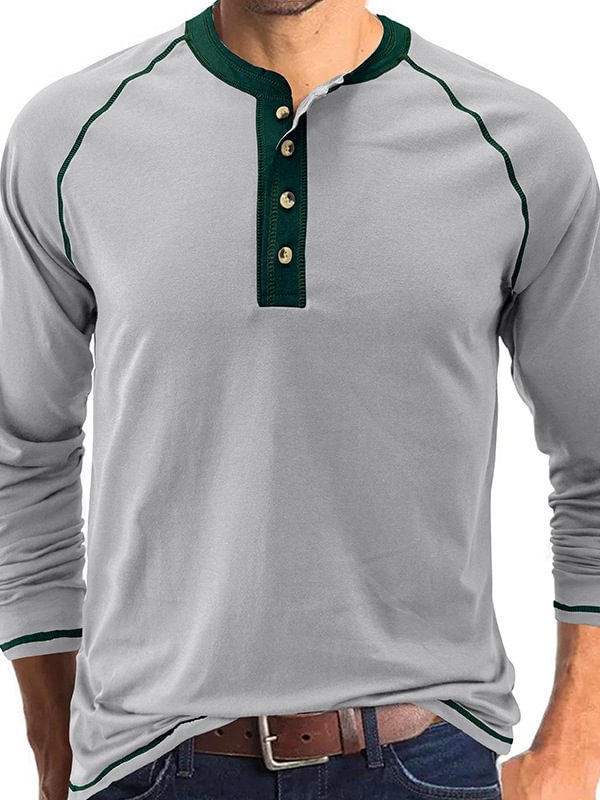 Men's Casual Color Matching Half Button Long Sleeve Henley Shirt