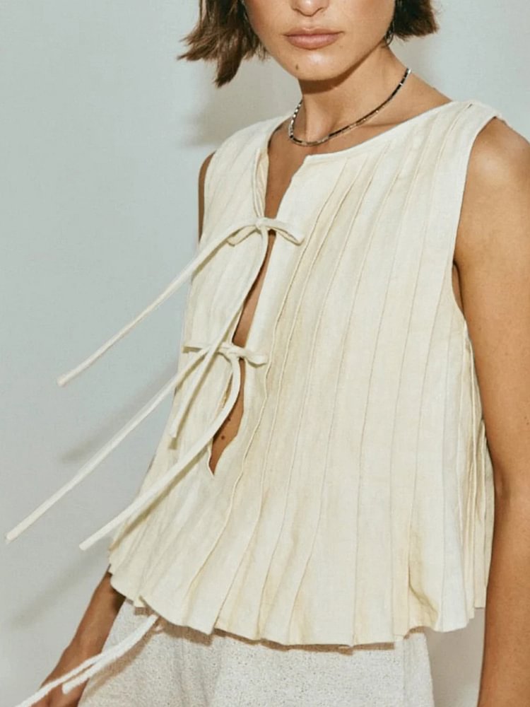Women's Solid Pleated Lace-up Cotton And Linen Sleeveless Shirt