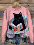 Women's Black Cat Reading Art Print Casual Sweatshirt