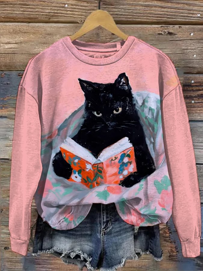 Women's Black Cat Reading Art Print Casual Sweatshirt