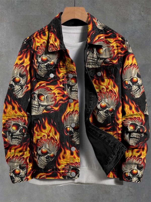 Men's Flaming Skull Art Print Denim-Like Long Sleeve Shirt