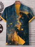 Men's Cowboy Cat Looking Up At The Stars Oil Painting Print Shirt