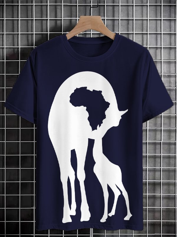 Men's Retro Cute Giraffe Africa Map Silhouette Print Cotton Casual T-Shirt
