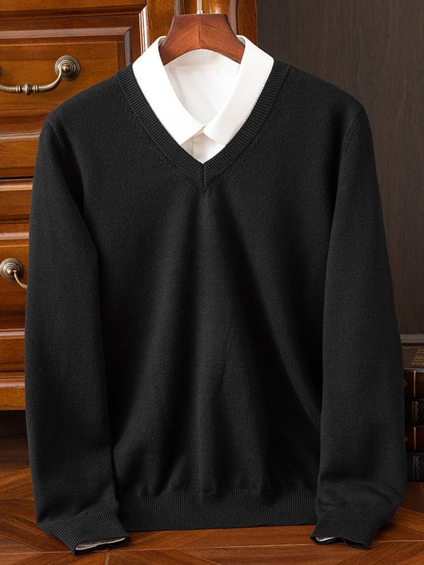 Men's Business Casual Solid Color Long Sleeve V Neck Pullover Sweater