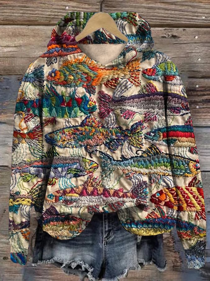 Women's Colorful Fish Print Hooded Sweatshirt