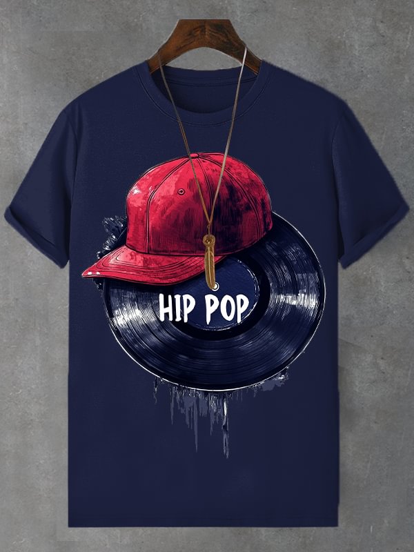 Men's Hip Pop Record Hat Print Cotton Casual T-Shirt
