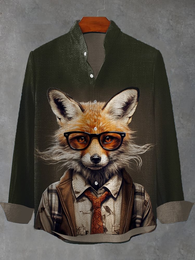 Men's Vintage Glasses Fox Gentleman Print Long Sleeve Shirt