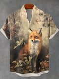 Men's Retro Forest Fox Oil Painting Print Linen Blend Shirt