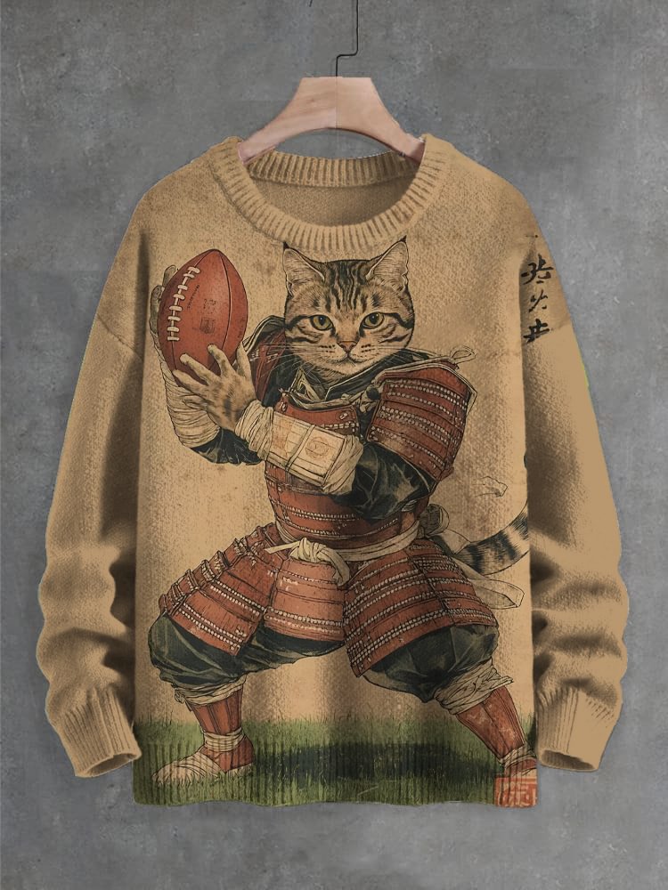 Men's Japanese Cat Rugby Football Player Art Print Knit Sweatshirt
