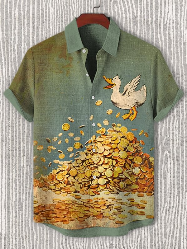 Men's Duck And Pile Of Gold Coins Art Print Casual Shirt