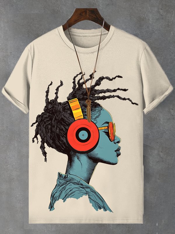 Men's Funny African Music Girl Print Cotton Casual T-Shirt