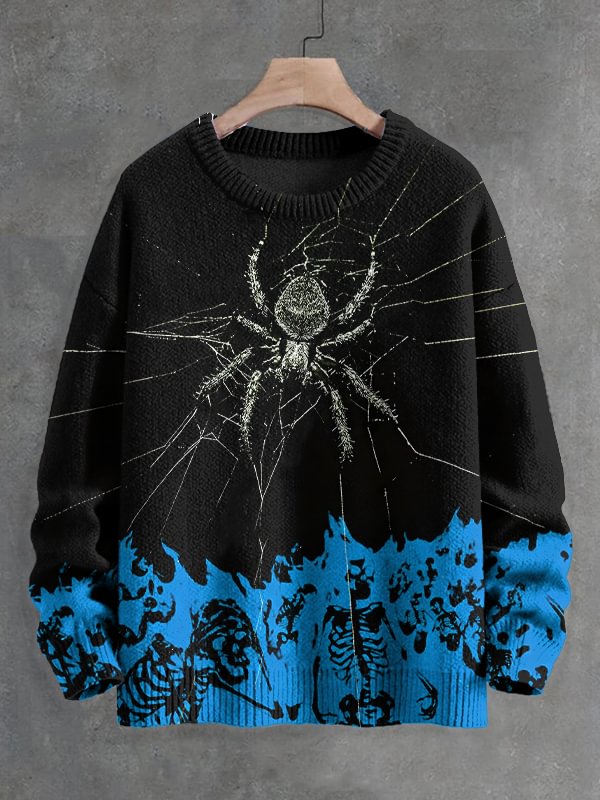Men's Spider And Skull Burning In Flames Art Print Knit Sweatshirt