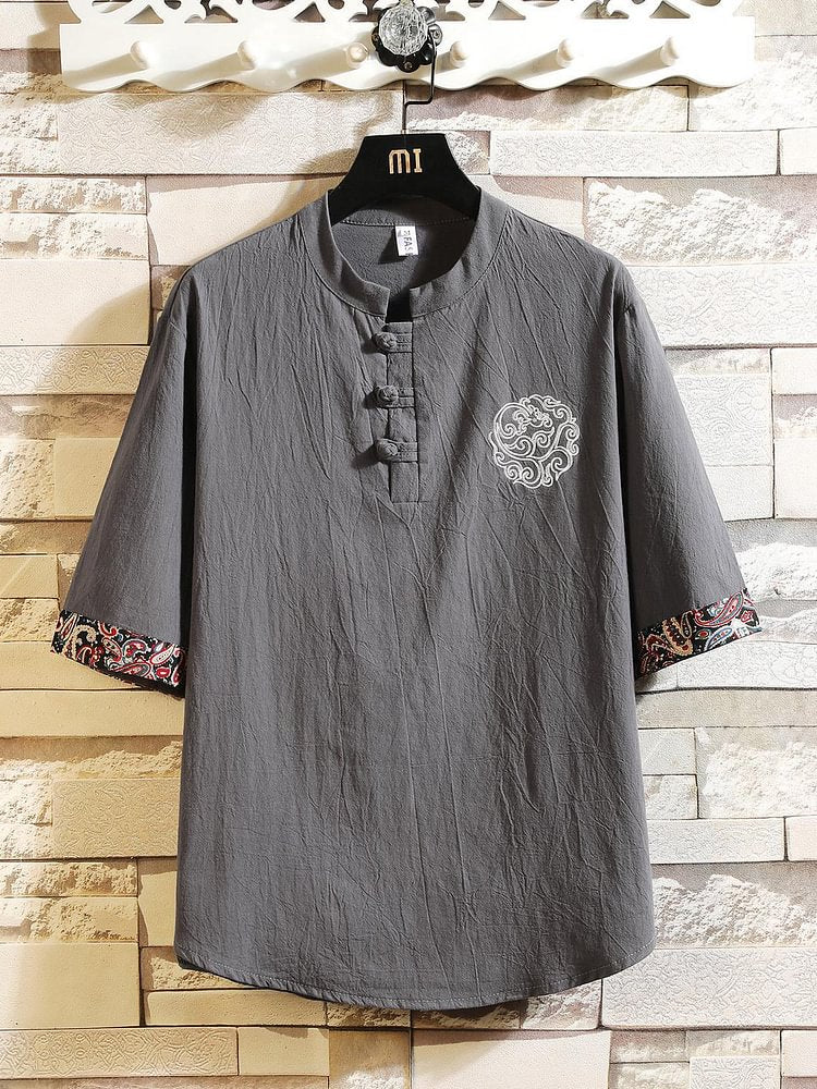 Men's Retro Paisley Pattern Cotton And Linen Short Sleeve Shirt