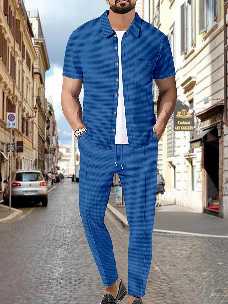 Men's Waffle Solid Color Short Sleeve Shirt Slant Pocket Pants Matching Set