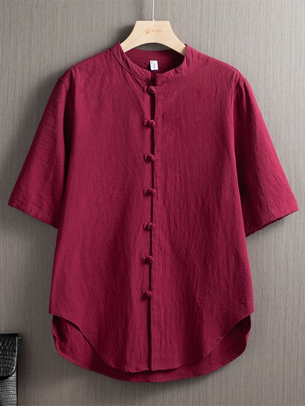 Men's Solid Color Retro Chinese Knot Button Cotton And Linen Shirt
