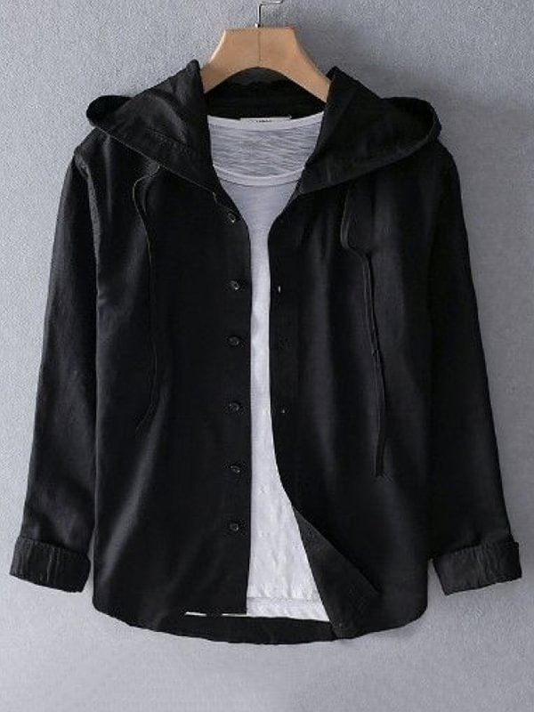 Men's Striped Print Long Sleeve Cotton And Linen Hooded Shirt