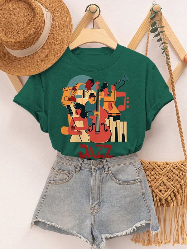 Women's Retro Instrumental Music Playing Jazz Print Cotton Casual T-Shirt