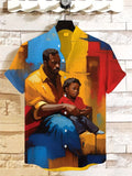 Men's Warm Father And Son Color Block Oil Painting Art Print Short Sleeve Linen Blend Shirt