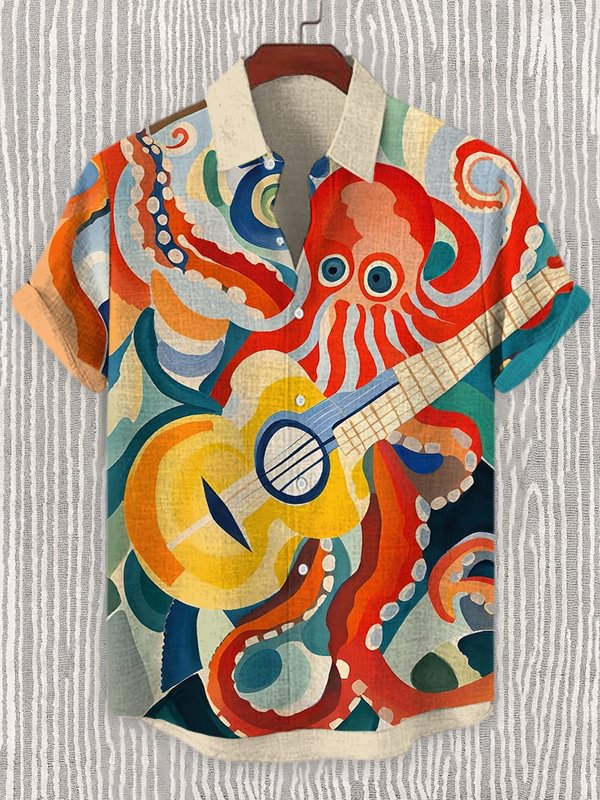 Men's Jazz Octopus Playing Guitar Art Print Linen Blend Shirt