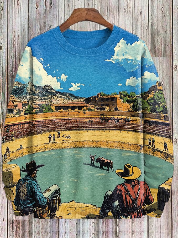 Men's Western Style Cowboy Bullfight Art Print Casual Sweatshirt