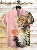 Men's Leopard Drinking Cocktail On Vacation Art Print Casual Shirt