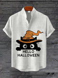 Men's Cat Witch Hat Hello Halloween Print Shirt