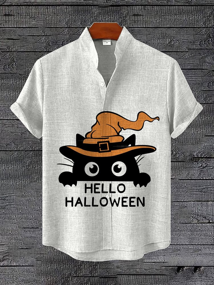 Men's Cat Witch Hat Hello Halloween Print Shirt