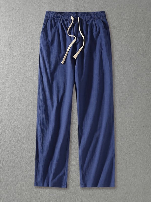Men's Drawstring Elastic Waist Pocket Cotton Linen Casual Wide Leg Pants