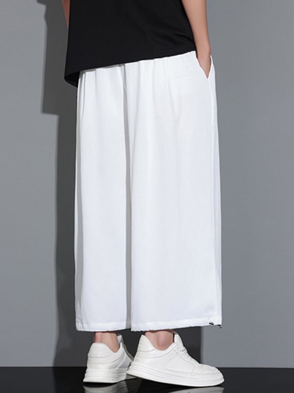 Men's Plain Loose Wide Leg Drawstring Waist Casual Cropped Pants