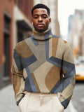 Men's Geometric Pattern Color Block Print High Neck Knit Sweatshirt