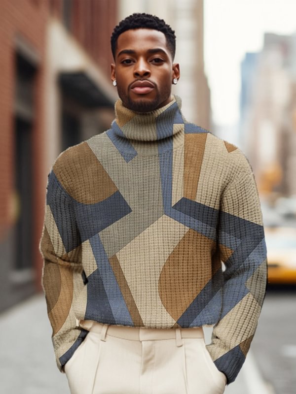 Men's Geometric Pattern Color Block Print High Neck Knit Sweatshirt