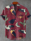 Men's Red Fun Bird Vintage Print Casual Linen Blend Shirt