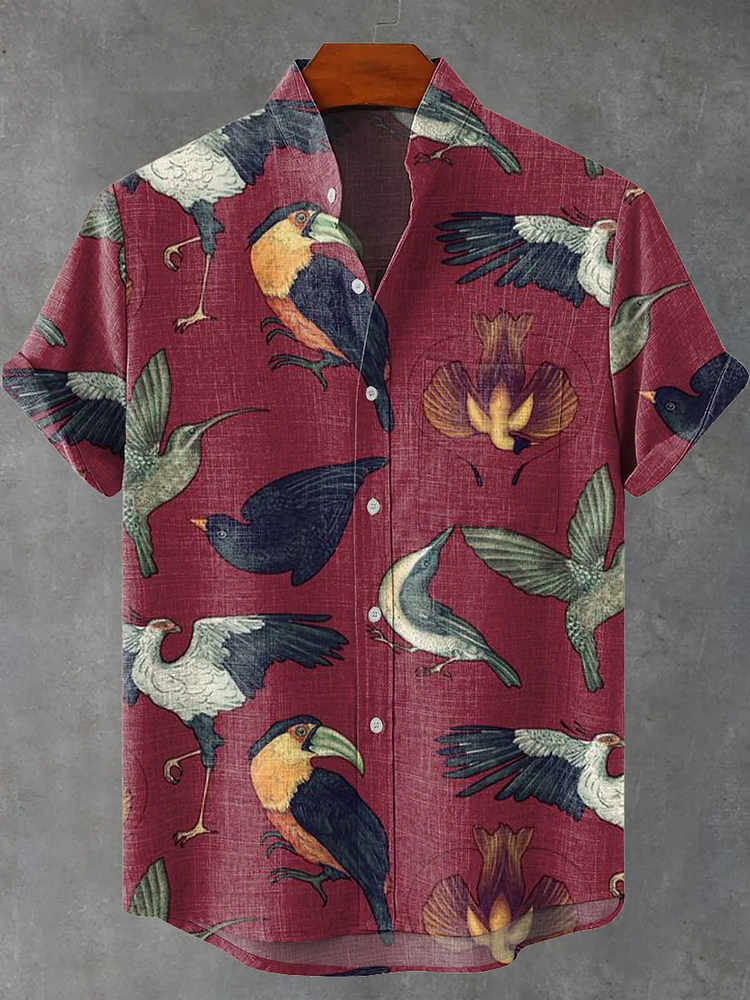 Men's Red Fun Bird Vintage Print Casual Linen Blend Shirt