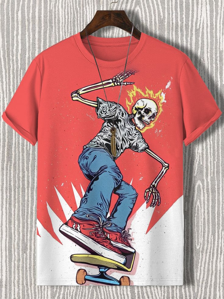 Men's Skeleton Skateboard Art Print Casual T-Shirt