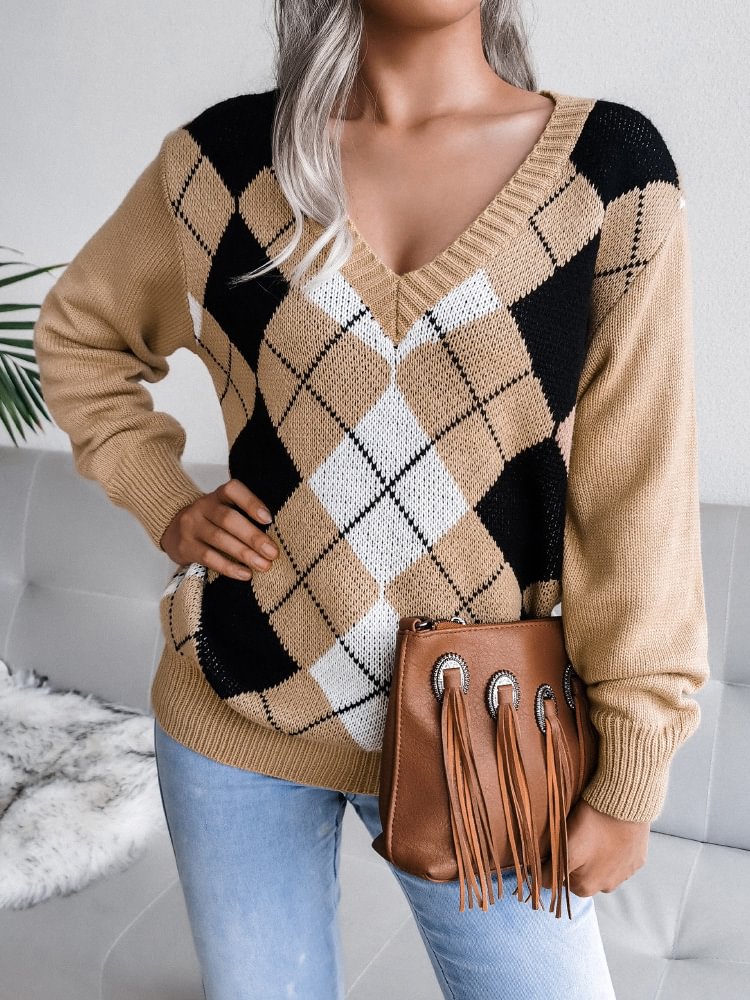 Women's Diamond Pattern V Neck Long Sleeve Casual Sweater