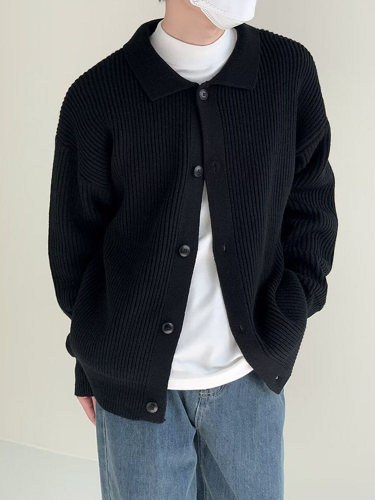 Men's Turndown Collar Solid Color Loose Long Sleeve Knitted Sweater Jacket