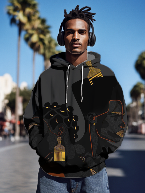 Men's Black Man Portrait Brush Art Print Hooded Sweatshirt
