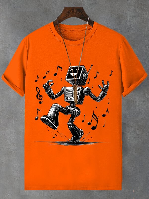 Men's Happy Singing Robot Print Cotton Casual T-Shirt