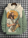 Men's Jesus Playing Saxophone Art Print Hooded Sweatshirt