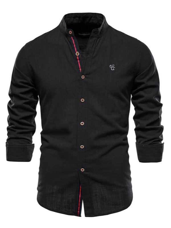Men's Pattern Embroidery Stand Collar Long Sleeve Button Shirt