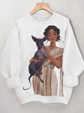Women's Elegant Woman Hugging Peruvian Hairless Dog Art Print Casual Sweatshirt