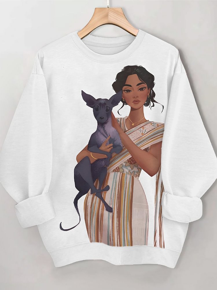 Women's Elegant Woman Hugging Peruvian Hairless Dog Art Print Casual Sweatshirt