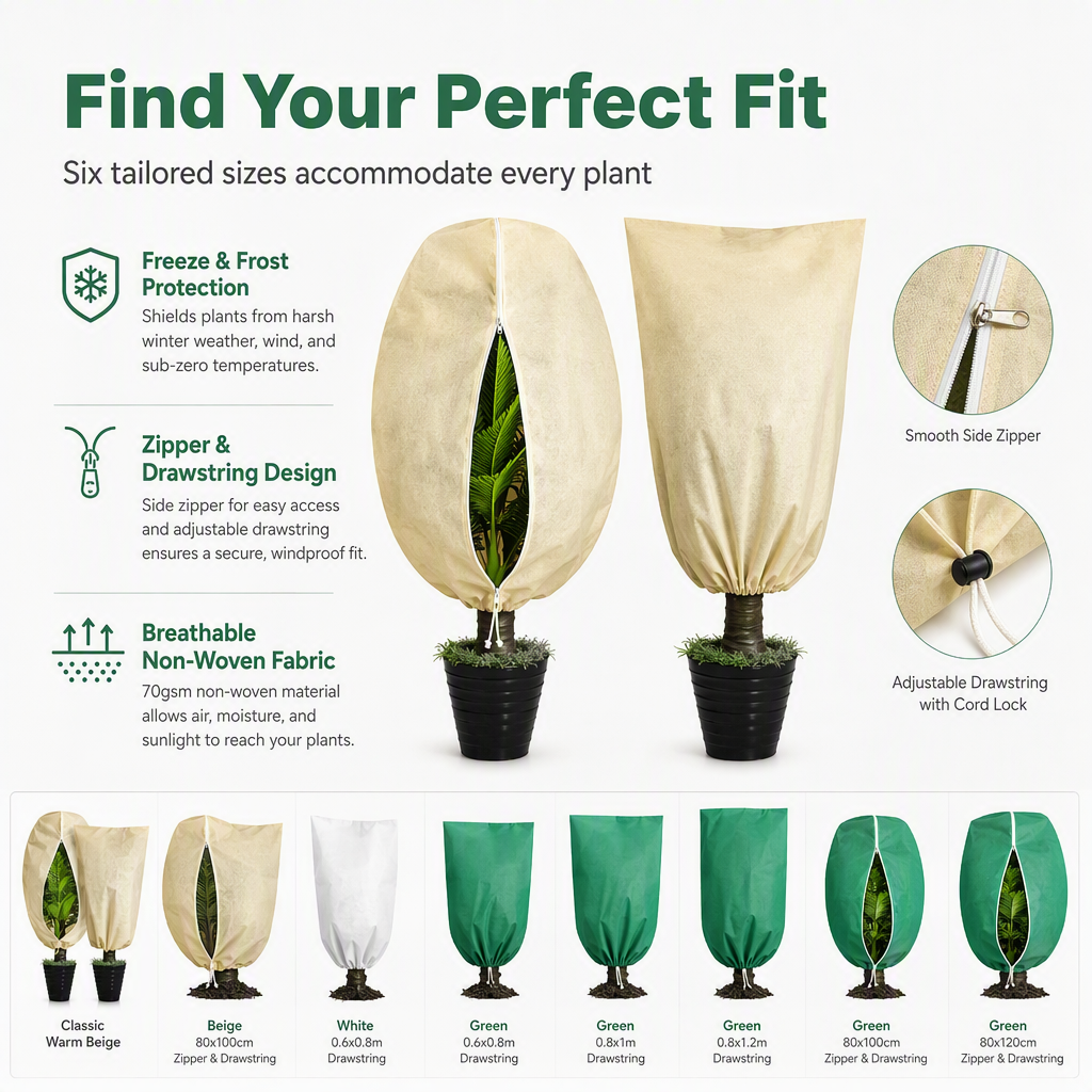 Non Woven Plant Frost Protection Cover Bag Winter Cold Protection with Drawstring and Zipper for Shrubs and Trees