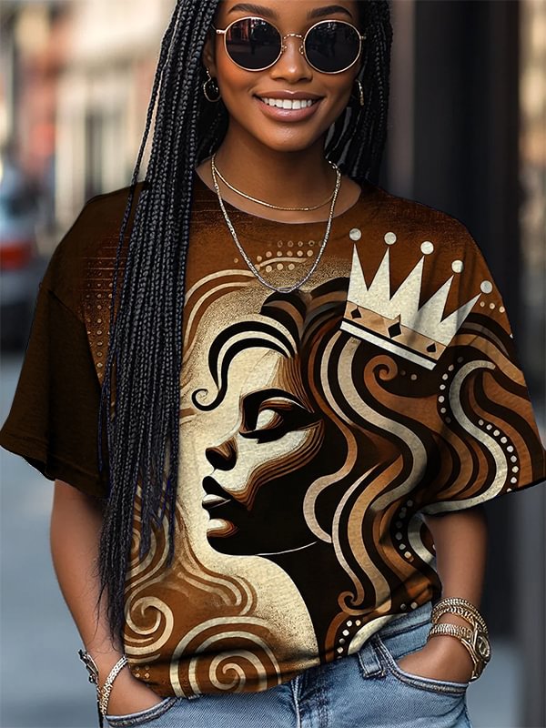 Women's Black Queen Art Print Casual T-Shirt