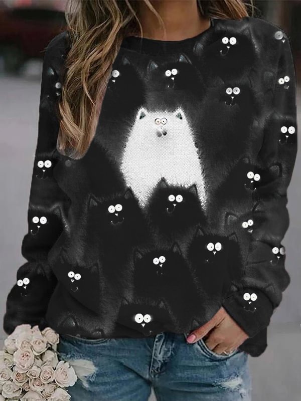 Women's Watercolor Cat Print Casual Long Sleeve Sweatshirt