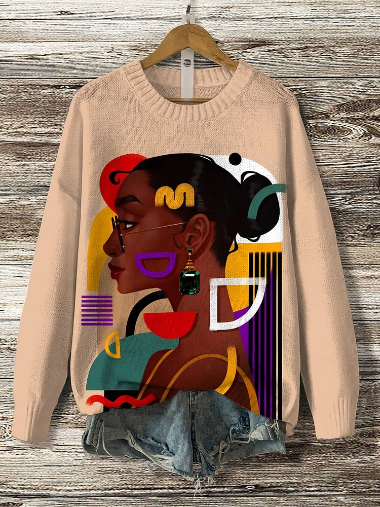 Women's Black Fashion Lady Geometric Patterns Print Knit Sweatshirt