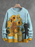 Men's Oil Painting Art Black Cat Sunflower Print Knit Sweatshirt