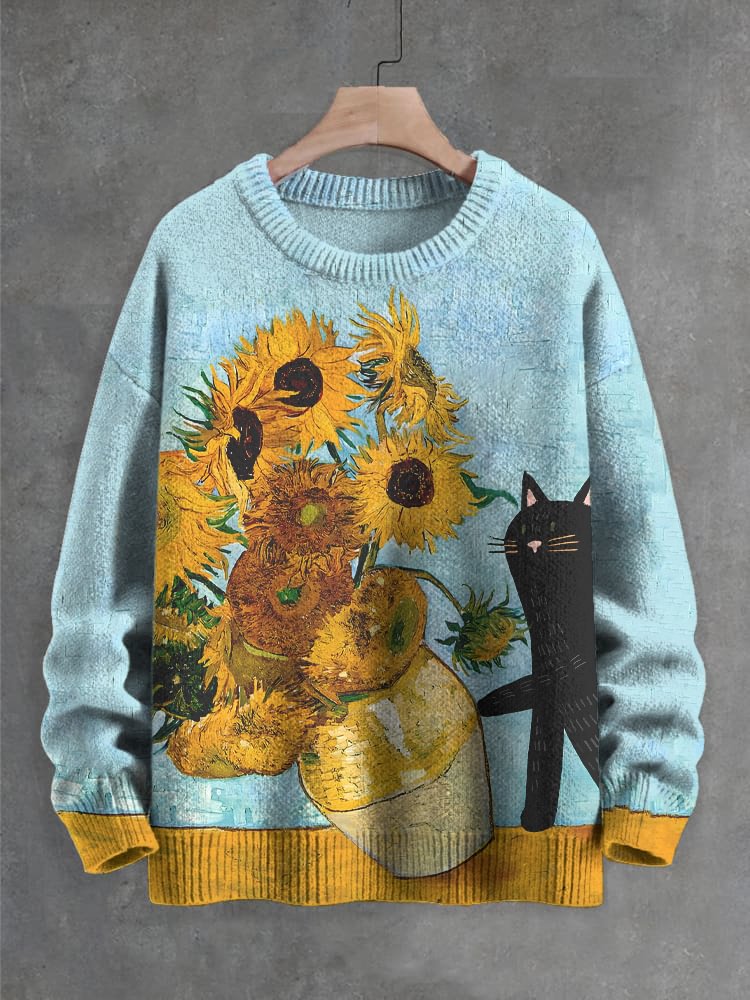 Men's Oil Painting Art Black Cat Sunflower Print Knit Sweatshirt